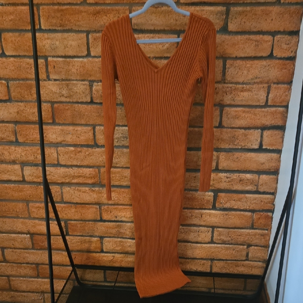 Ribbed V-Neck Orange Dress